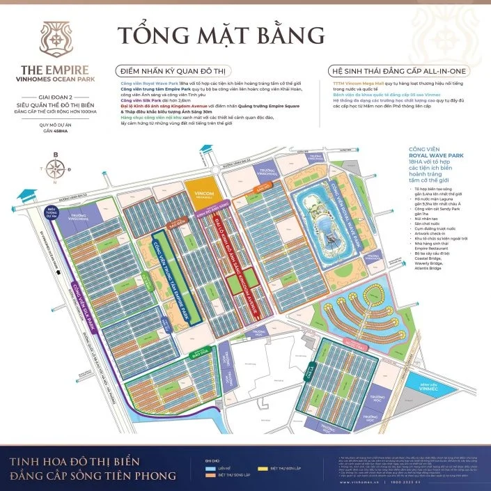 Sơ đồ tổng mặt bằng quy hoạch dự án The Empire Vinhomes Ocean Park với các phân khu, tiện ích và công viên Royal Wave Park