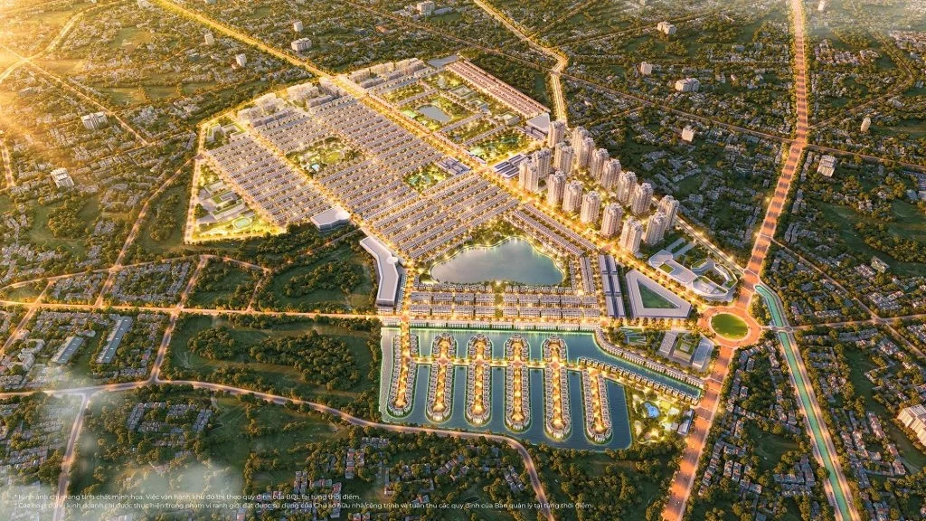 Toàn cảnh dự án khu đô thị lớn nhìn từ trên cao vào ban đêm, với hệ thống chiếu sáng rực rỡ