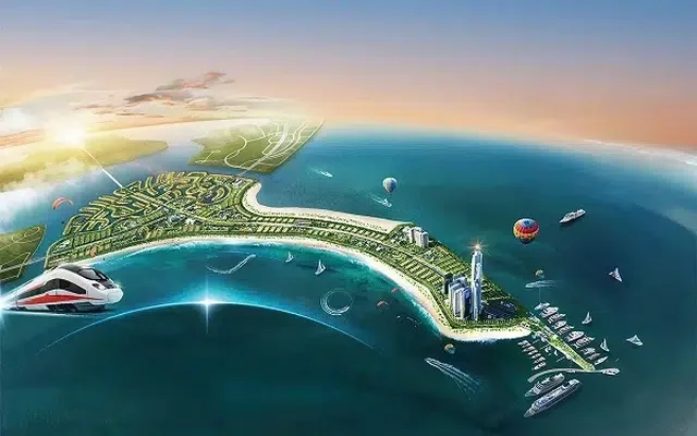 Bản đồ quy hoạch tổng thể khu đô thị đảo nhân tạo với các tiện ích như bến du thuyền, tàu điện và khinh khí cầu