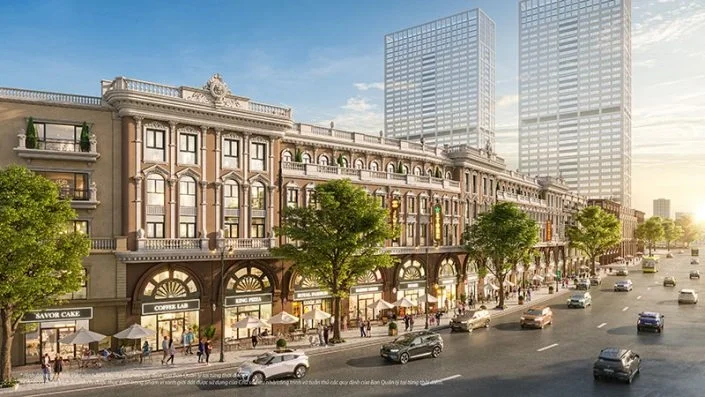 Phối cảnh tổng thể dãy nhà phố thương mại The Gallery với kiến trúc tân cổ điển và đường phố đông đúc