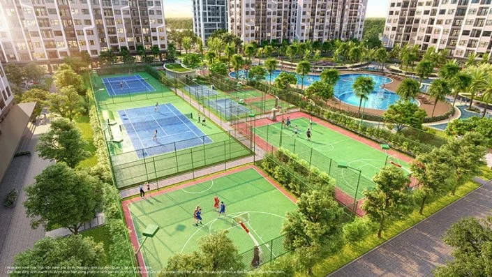 Cụm sân thể thao đa năng ngoài trời với sân tennis, sân bóng rổ và sân bóng đá mini