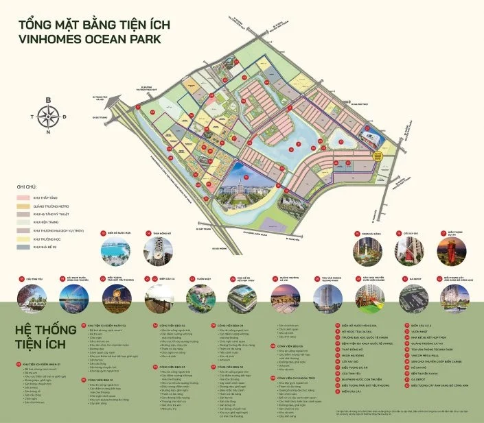 Tổng mặt bằng tiện ích dự án Vinhomes Ocean Park, chi tiết các khu chức năng và hệ thống tiện ích đa dạng