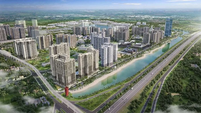 Toàn cảnh dự án khu đô thị với nhiều tòa nhà cao tầng, sông và đường cao tốc