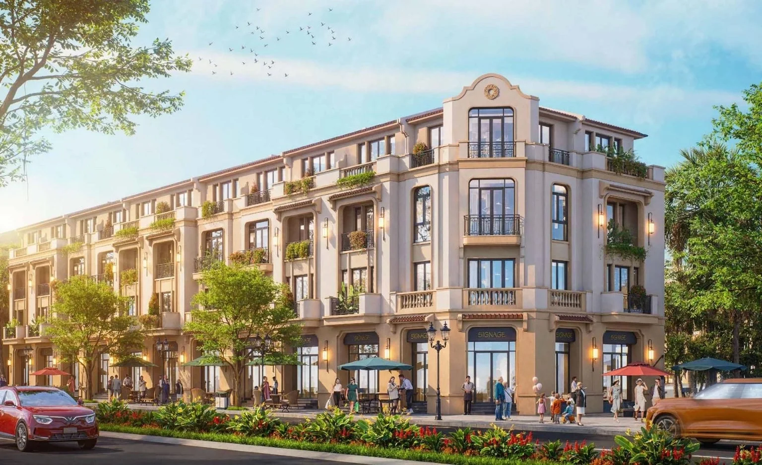 Dãy nhà phố thương mại (shophouse) nhiều tầng với kiến trúc hiện đại, ban công và không gian kinh doanh sầm uất.