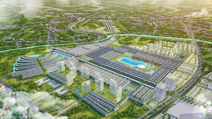 Tổng quan quy hoạch khu đô thị với hồ nước trung tâm và các dãy nhà liền kề, biệt thự từ trên cao