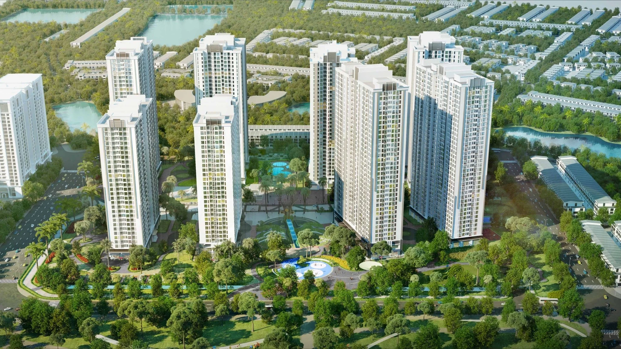 Toàn cảnh tổng thể dự án với các tòa nhà cao tầng, cây xanh và hồ nước