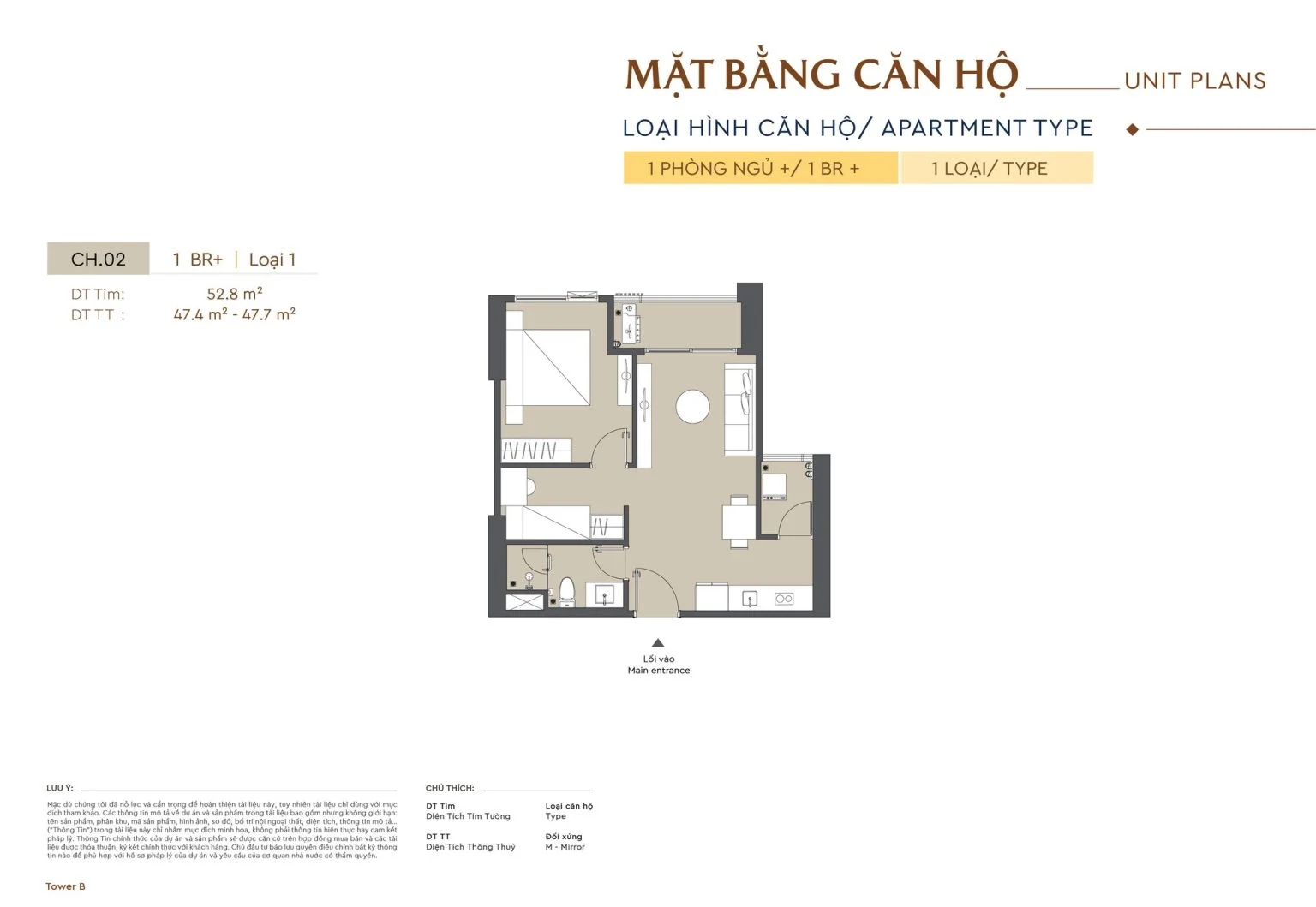 Mặt bằng căn hộ 1 phòng ngủ loại 1 với diện tích 52.8 m2