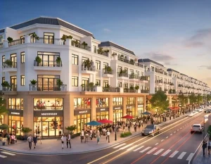 Phối cảnh dãy nhà phố thương mại shophouse hiện đại với kiến trúc sang trọng và mặt tiền kinh doanh sầm uất