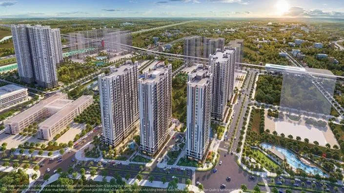 Toàn cảnh tổng thể khu đô thị với nhiều tòa nhà cao tầng, đường giao thông và tiện ích xanh