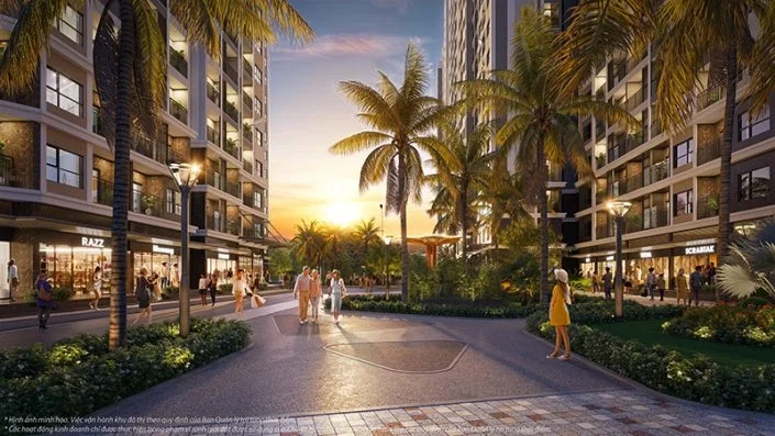 Con đường dạo bộ với các cửa hàng thương mại sầm uất và hàng cọ xanh mát vào buổi hoàng hôn