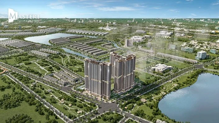 Toàn cảnh dự án Masteri Lakeside nhìn từ trên cao, bao quanh bởi hồ nước và cây xanh, với các tòa nhà căn hộ hiện đại