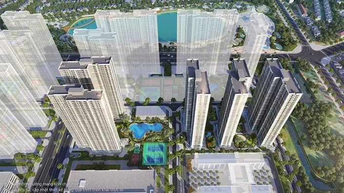 Toàn cảnh tổng thể dự án Vinhomes Smart City với các tòa nhà cao tầng, hồ nước và tiện ích xanh