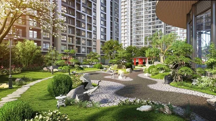 Góc nhìn vườn Nhật Bản Zen Park với đường dạo bộ, cây cảnh và chòi nghỉ truyền thống