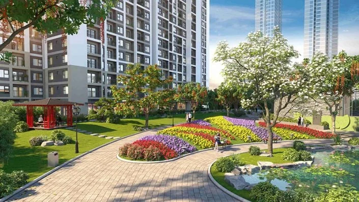 Vườn hoa rực rỡ sắc màu với đường dạo bộ, hồ nước nhỏ và chòi nghỉ