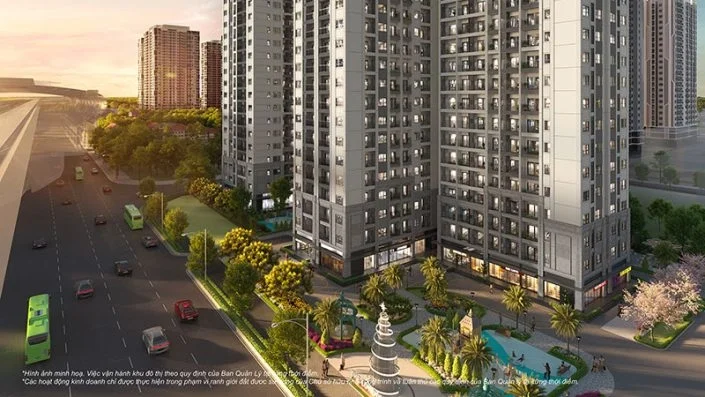 Mặt tiền tòa nhà căn hộ với khu thương mại dịch vụ và đường phố sầm uất