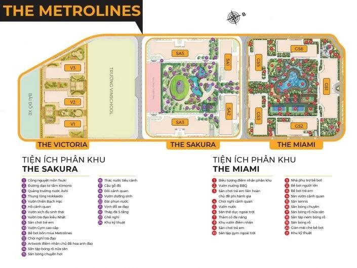 Mặt bằng chi tiết các phân khu The Victoria, The Sakura, The Miami và danh sách tiện ích nội khu