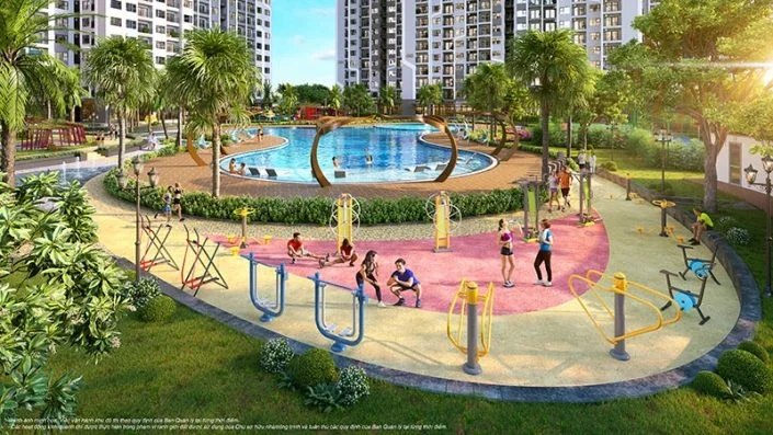 Khu tập gym ngoài trời với nhiều thiết bị hiện đại và cư dân đang tập luyện