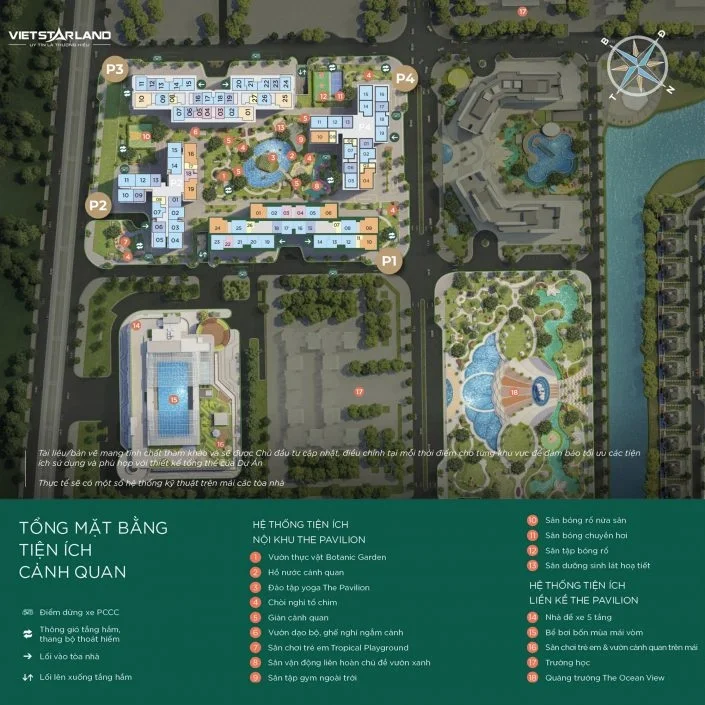 Mặt bằng tổng thể tiện ích và cảnh quan khu The Pavilion với các phân khu P1, P2, P3, P4