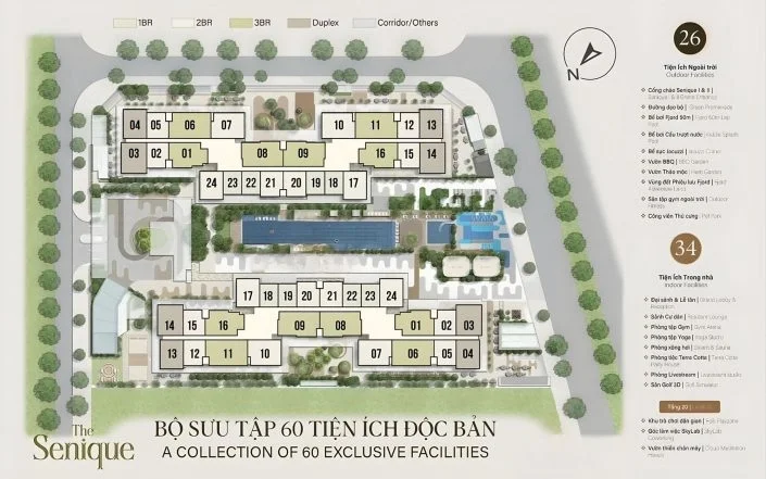 Mặt bằng tổng thể dự án The Senique hiển thị bố cục các tòa nhà, tiện ích nội khu và danh sách 60 tiện ích độc quyền.