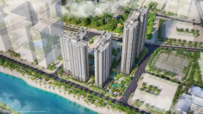 Toàn cảnh tổng thể các tòa căn hộ cao tầng ven sông, khu đô thị với cây xanh và đường giao thông