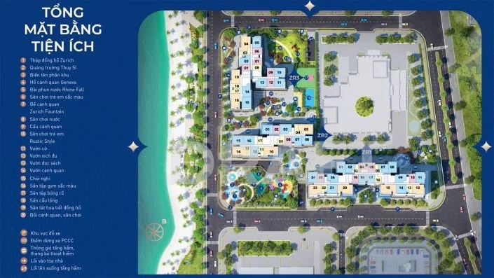Tổng mặt bằng tiện ích nội khu dự án, bao gồm các tòa nhà, hồ bơi, sân chơi trẻ em, vườn cảnh quan và đường nội bộ