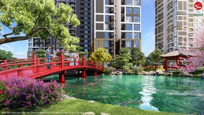 Cầu đỏ phong cách Nhật Bản bắc qua hồ cá Koi tại công viên The Zenpark