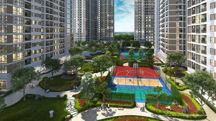 Sân thể thao đa năng và công viên cây xanh nội khu giữa các tòa căn hộ