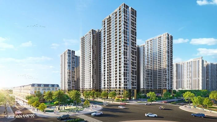 Toàn cảnh các tòa căn hộ cao tầng hiện đại và đường nội khu dự án The Ocean View