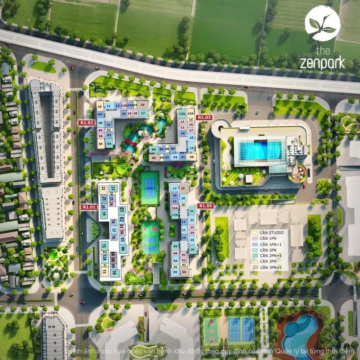Mặt bằng tổng thể phân khu The Zenpark với các tòa căn hộ và tiện ích nội khu