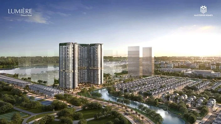 Toàn cảnh dự án Lumière Orient Pearl nhìn từ trên cao với các tòa tháp chung cư, hồ nước và khu dân cư thấp tầng