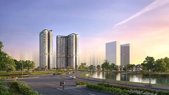 Góc nhìn từ mặt đất về hai tòa tháp chung cư chính của Lumière Orient Pearl bên cạnh hồ nước và đường giao thông