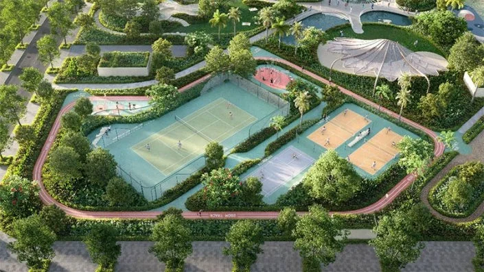 Góc nhìn cận cảnh các sân thể thao (tennis, cầu lông) và đường chạy bộ trong công viên tiện ích The Foresta