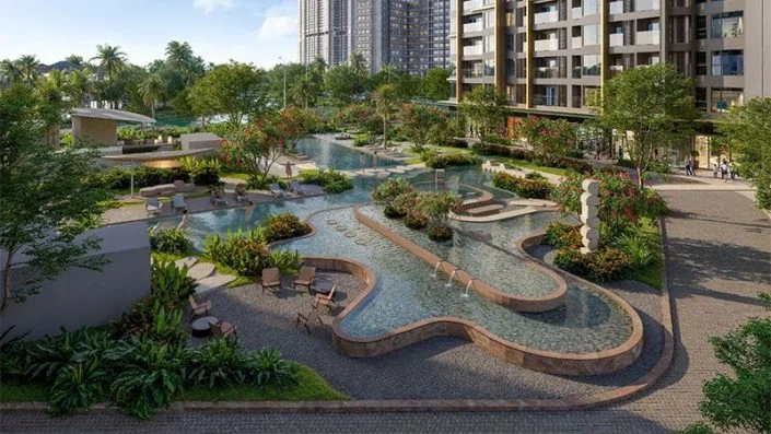 Hồ cảnh quan uốn lượn với các đài phun nước nhỏ và khu vực ghế ngồi thư giãn trong khuôn viên dự án