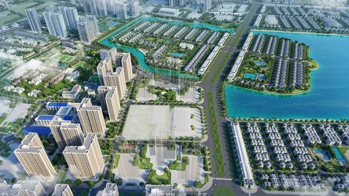 Toàn cảnh tổng thể dự án khu đô thị với chung cư, biệt thự, hồ nước và đường giao thông
