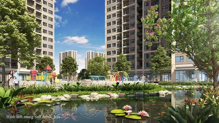 Khu vườn cảnh quan với hồ sen, cây xanh và khu vui chơi trẻ em giữa các tòa chung cư