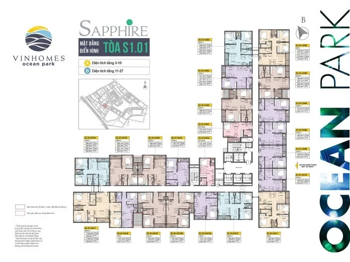 Mặt bằng điển hình tòa S1.01 phân khu Sapphire của Vinhomes Ocean Park, hiển thị các căn hộ từ tầng 3-10 và 11-27