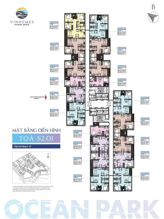 Mặt bằng điển hình tầng 2-27 tòa S2.01 Vinhomes Ocean Park, hiển thị các loại căn hộ và diện tích