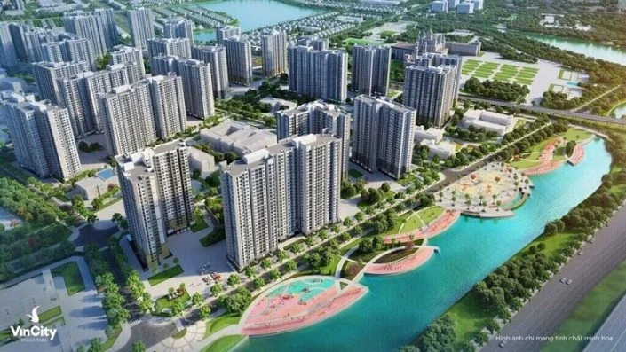 Toàn cảnh khu đô thị với nhiều tòa nhà cao tầng, sông nhân tạo và công viên cây xanh nhìn từ trên cao