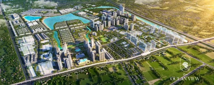 Bản đồ quy hoạch tổng thể dự án The Ocean View nhìn từ trên cao với các khu dân cư, hồ nước và hạ tầng giao thông
