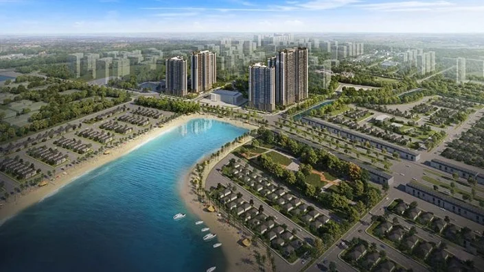 Toàn cảnh dự án khu đô thị ven biển với các tòa nhà cao tầng, biệt thự và hồ nước lớn