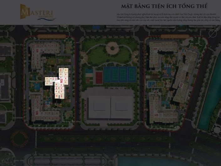 Mặt bằng tổng thể tiện ích dự án, hiển thị vị trí các tòa nhà và khu vực tiện ích chung
