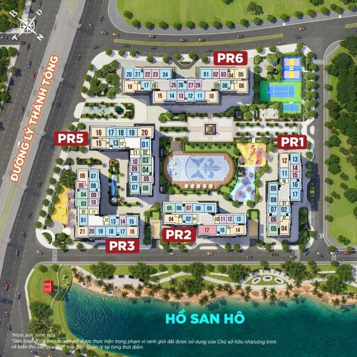 Mặt bằng tổng thể khu đô thị với các phân khu PR1, PR2, PR3, PR5, PR6, hồ bơi và sân thể thao