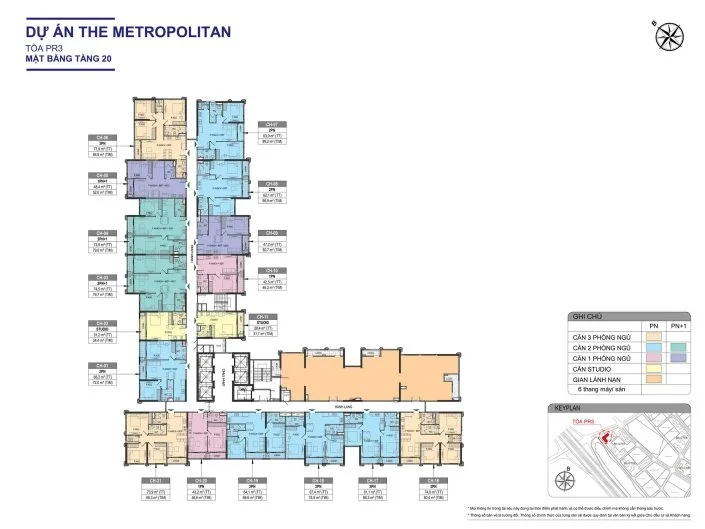 Mặt bằng tầng 20 Tòa PR3 dự án The Metropolitan, với các loại căn hộ và tiện ích giàn lá nan