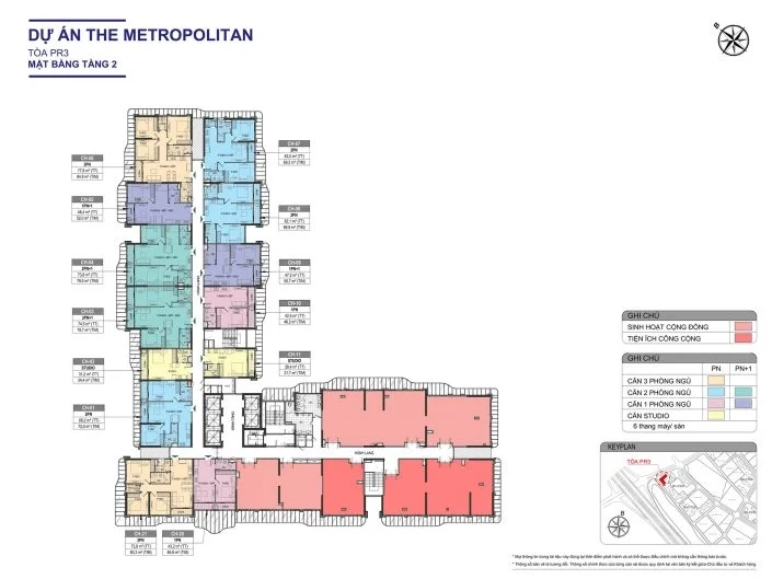 Mặt bằng tầng 2 Tòa PR3 dự án The Metropolitan, hiển thị các căn hộ và khu vực sinh hoạt cộng đồng