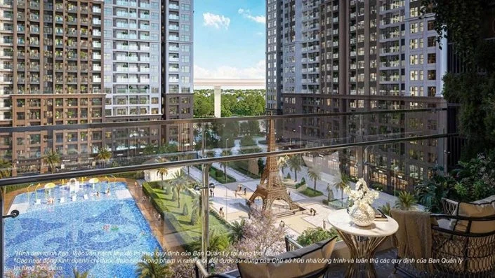 Góc nhìn từ ban công căn hộ ra bể bơi nội khu, công viên và tháp Eiffel thu nhỏ