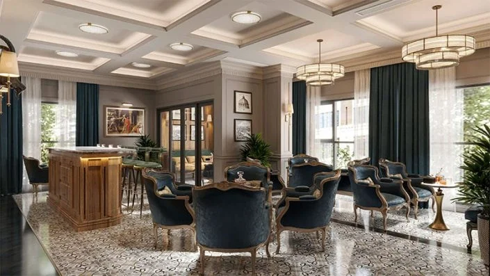 Nội thất sảnh lounge sang trọng với ghế bọc nệm, quầy bar và đèn chùm