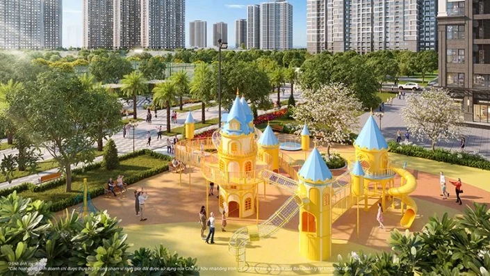 Sân chơi trẻ em chủ đề lâu đài màu vàng xanh với nhiều cầu trượt và khu vui chơi