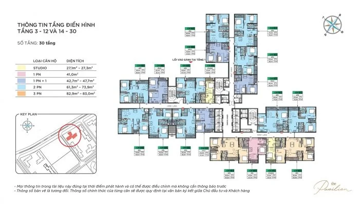 Mặt bằng tầng điển hình tòa căn hộ với các loại căn Studio, 1PN, 2PN, 3PN