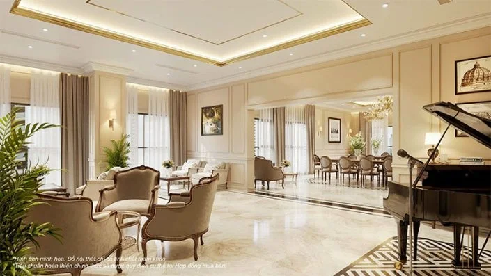 Nội thất phòng khách sang trọng với đàn piano và bộ sofa cổ điển