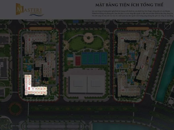 Mặt bằng tiện ích tổng thể dự án, thể hiện vị trí các tòa nhà và khu vực tiện ích.